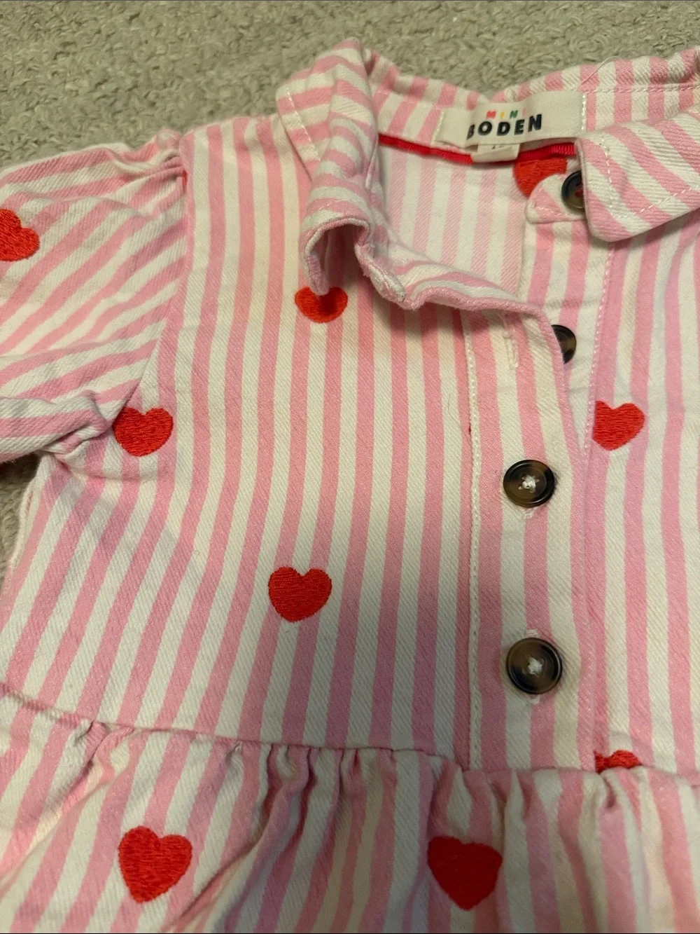 Mini Boden Pink & Red Striped Dress with Heart Motif